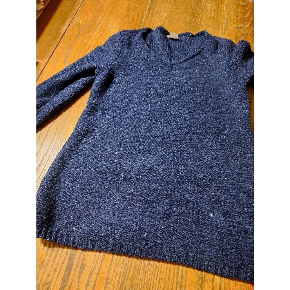 New Small Chicos 0 Blue Glitter Sparkle Embellished Long Sleeve Knit Sweater - Picture 3 of 4